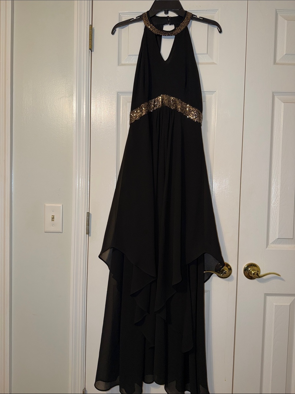 Black Halter Dress with Gold Sequin Accents